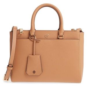 Tory Burch tan Robinson double zipper tote